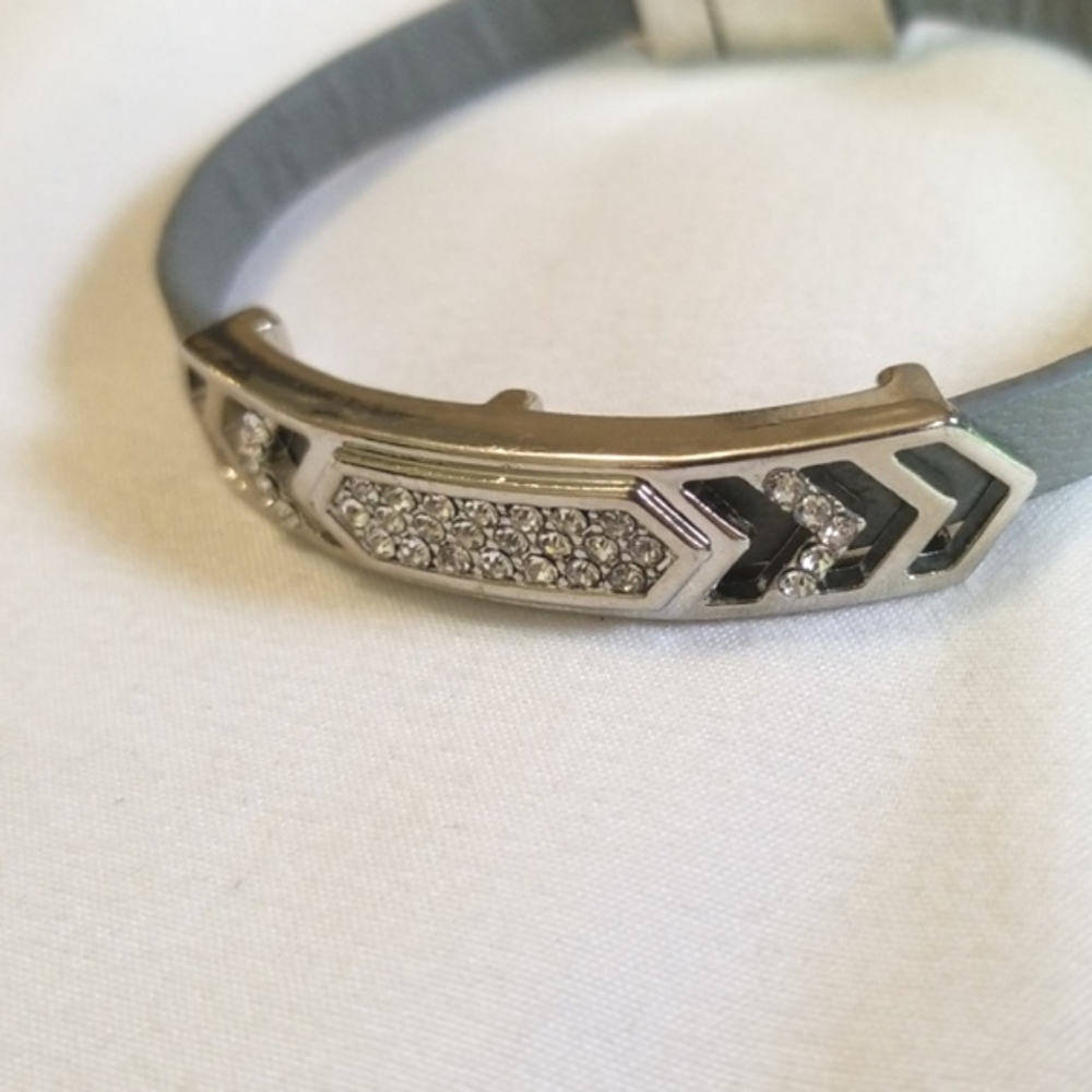Silver Rhinestone Chevron Leather Band Bracelet - Picture 2 of 5